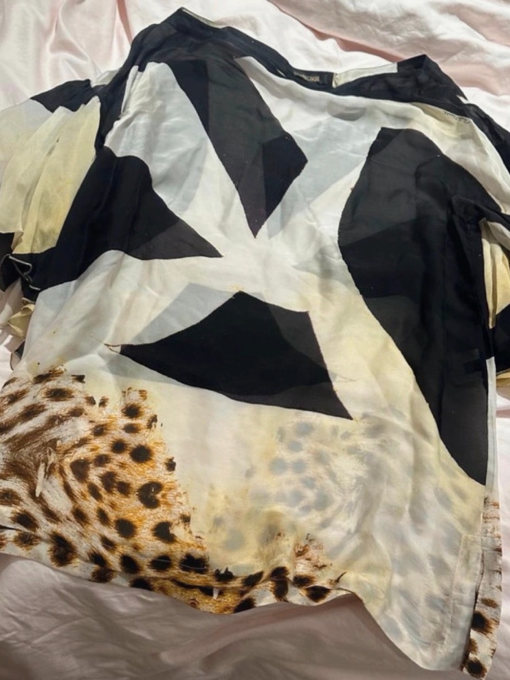 Roberto Cavalli Black, Cream & Brown Abstract Leopard-Print Blouse